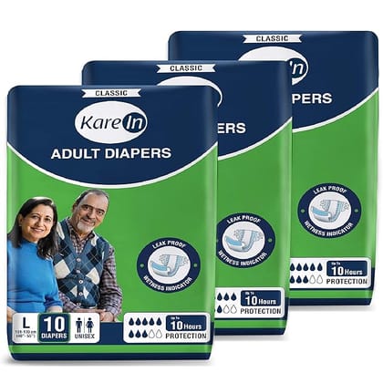 KareIn Classic Adult Diapers, Large, Waist Size 101-139 Cm (40"-55"), 30 Count, Tape Style, Unisex, High Absorbency, Leak Proof, Wetness Indicator