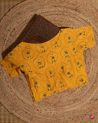 Mustard Ajrakh Mul Blouse Golden Shower-34