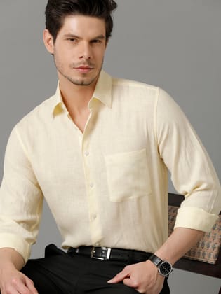 Aldeno Mens Regular Fit Solid Yellow Casual Linen Shirt (LAMAR)-L