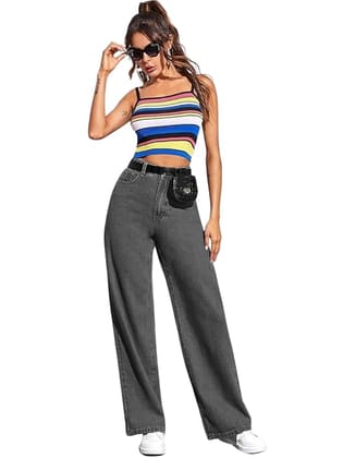 Glossia Fashion High Waist Boyfriend Women Jeans Cotton Lycra Stretchable Wide Leg Denim -  Black, 26