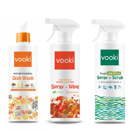 Vooki Nature Powered Natural Dish Wash Gel, Ecofriendly Hard Stains Spray and Tough Lime Scale Stain Descaler Remover Spray, 500 Ml Each - (Combo Pack of 3)…