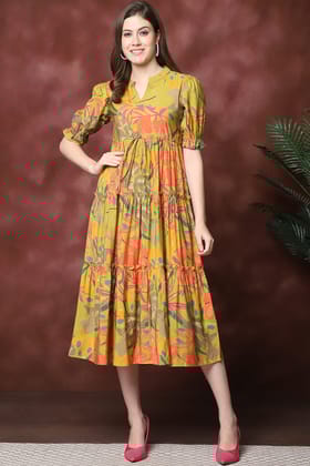Musturd Color Floral Printed  Chanderi Dress For Women-S