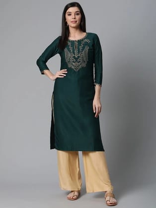 Vaamsi Rayon Embroidered Straight Womens Kurti - Green ( Pack of 1 ) - None