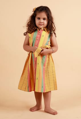 Yellow Stripe Dress With Checked Belt-1-2Y