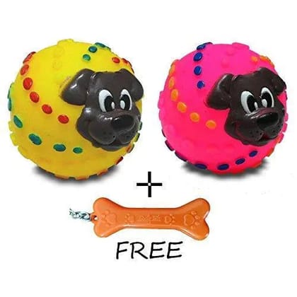 Goofy Tails Squeaky Ball With Puppy Face In Assorted Color (Pack of 2) With Key Chain