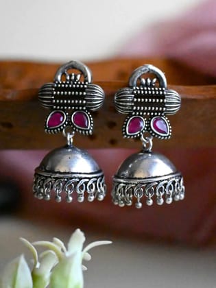 Traditional Oxidised Silver Jhumka Earrings with Intricate Details | Sarichka-Red
