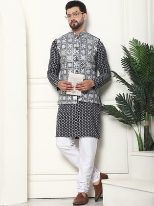 Men's Cotton Contrast Embroidered Grey Kurta and White Pyjama With Embroidered Grey Nehru Jacket-36