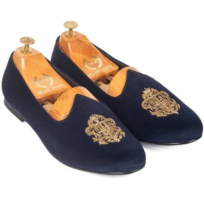 Royal Crest©️ Velvet Juttis (Navy)(Patent Copyright Artwork)-EU 45 / UK 11 / Navy