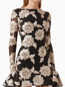 Flower Embroidered Mesh Applique Short Dress-Black / S