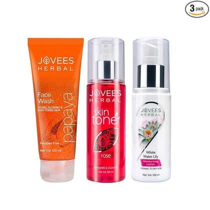 Jovees Herbal Normal Skin Routine (Set of 3) Papaya Face Wash & Rose Toner and White Water Lily Lotion