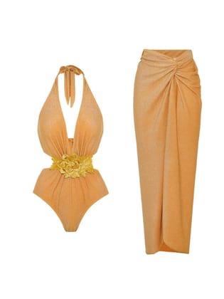 Halterneck Flower Applique Cutout Swimsuit & Skirt Coord Set-Gold / M