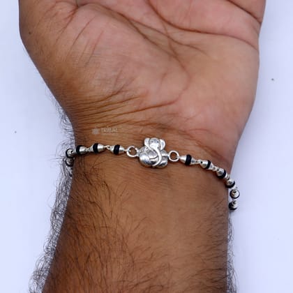 925 sterling silver handmade Lord Ganesha holy basil rosary beads  Rakhi bracelet, black Tulsi beaded bracelet rk391-6