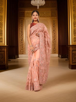 Designer Saree with Stone & Heavy Embroidery Work by Shreekama-Peach / Free Size