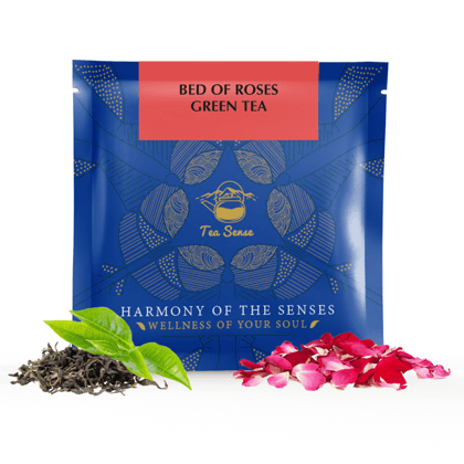 TEA SENSE Bed of Roses Green Tea | 15 Pc | Pyramid Tea Bags in Sealed Pouches | Fresh Healthy Organic Green Tea and Aromatic Rose Petals | Can be Rebrewed