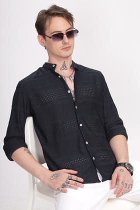 Mandarin Collar Navy Blue Shirt-M