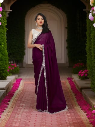 Designer Saree with American Diamond & Mirror Work by Shreekama-Wine / Free Size