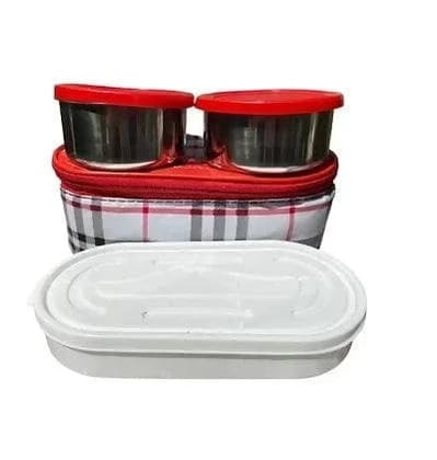 Tiffin Box with Bag for Office (Red,Designer bag 2 steel container 1 plastic container )