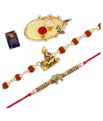 Paola Rakhi  Rudraksh KrishnaWith  Stylish Designer Look  Rakhi With Roli Chawal And  Greeting Card 1 Kankawati Pooja Thali - None