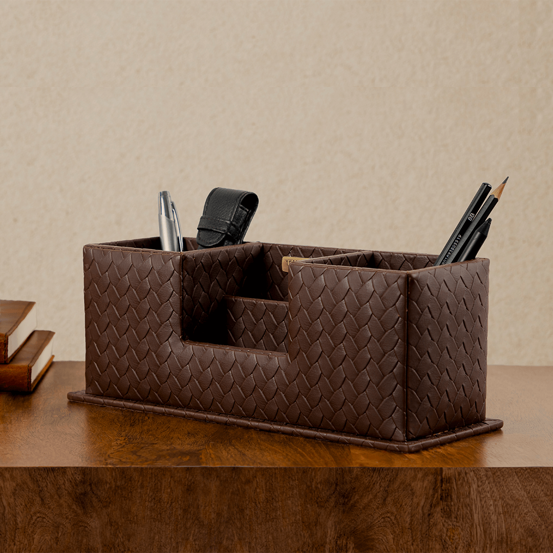 Entwine Desk Caddy Brown | Faux Leather Desk Organizers-Brown