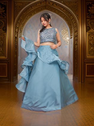 Sequin & Cut Dana Lehenga Choli Set-Turquoise Blue / Free Size