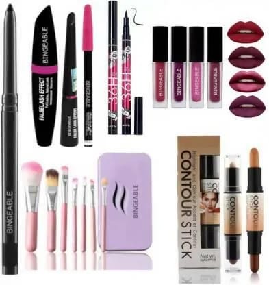 Bingeable Kajal& 3 In1 Waterproof Eyeliner, mascara, Kajal& 36H Eyeliner& 7 Pcs Brush(HK)& 2in1 Contour Stick& 4Pcs Red Mini Lipstick (9 Items in the set)