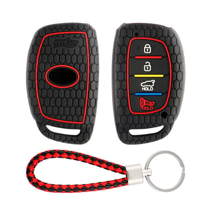 Keycare silicone key cover and keyring fit for : Venue, Elantra, Tucson, I20 N Line 2021, Creta 2020, i20 2020 Hyundai 4 button smart key (KC-30, KCMini Keyring)-Red/Black