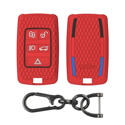 Keycare silicone key cover and keychain fit for Range Rover: Sport, Evoque, Velar, Discovery, Defender (2018, 2019, 2020, 2021) 5 Button Smart Key (KC73, Zinc Alloy)-Red