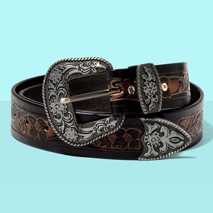 Hemener Men Engraved Metal Buckle Black Genuine Leather Belt-28