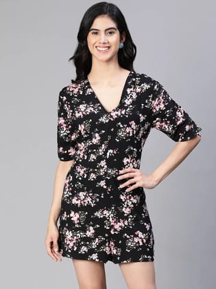 Slaying Black Floral Print V-Neck Women Playsuit-S