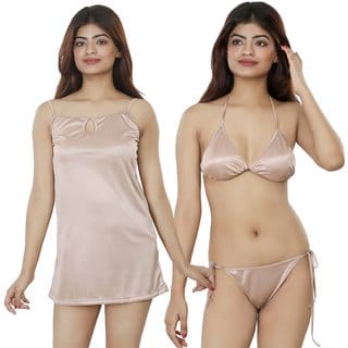 Nivcy Women Solid Satin Nightwear set's Beige Medium