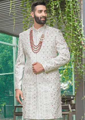 Off White Embroidered Sherwani-Off White