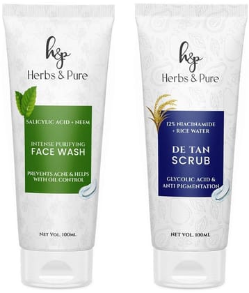 Herbs and Pure Daily Skincare Combo - Intense Purifying Neem Face Wash and De-Tan Scrub (200 ML)