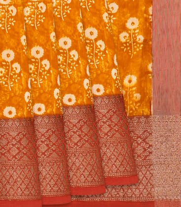 Orange Chanderi Cotton Saree Printed With Floral Motifs-Orange-Orange