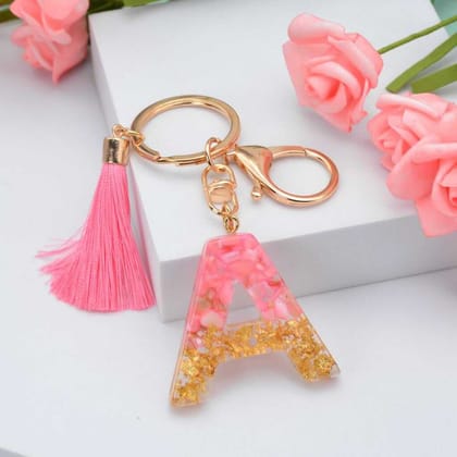 Alphabet Resin Keychain - Golden &amp; Pink - Single Piece-A