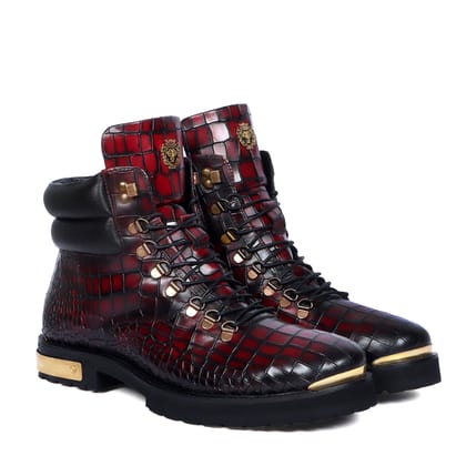 Smokey Wine Chunky Boot With Golden Metal Plate Croco Textured Leather Lace-up Closure-40/6