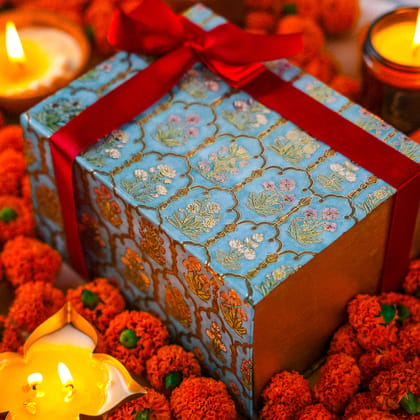 Customised Gift Box-Premium Gift Box ( 1 Premium gift box 1 Orange Spice amber jar candle 3 Kashmir Kesar Bar soaps 2 scented laddoo candles 2 Tea light Candles 1 Unicorn Sugar Scrub 1 Happy Diwa