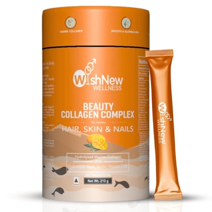 WishNew Wellness BEAUTY COLLAGEN COMPLEX | Radiant Hair, Skin & Nails | 21 Sachets with Collagen, Hyaluronic Acid, Biotin, Vitamins E & C, Rosehip & Curcumin Extracts | Enhanced Absorption Formula