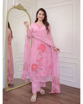 Floral Printed Thread Work V-Neck Straight Kurta with Trousers and Dupatta-S