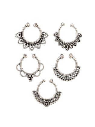 NVR Set of 5 Silver Plated Oxidised Septum Nosepin-Onesize / Silver / Brass