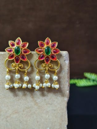 Golden Party Wear Stud Earrings with Pearl Drops & Stone Work | Sarichka-Magenta+Green