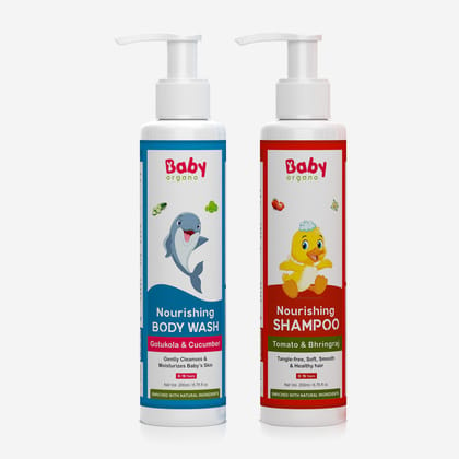 BabyOrgano Natural Bath Care Combo | Gentle Baby Wash (200ml) + Baby Shampoo (200ml) | Safe for Babies | 100% Based on Ayurveda