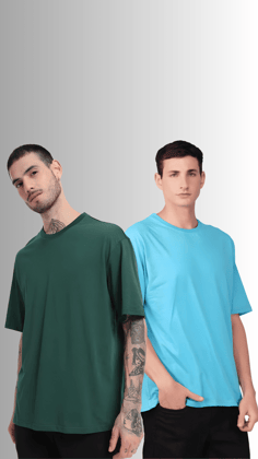 Pack Of 2 Oversized Tshirt Bottle Green and Sky Blue-S