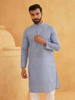 Men's Cotton Linen Foil Printed Blue Long Kurta-36