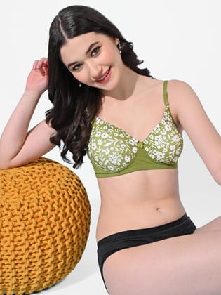 Women Lycra Lightly Padded Non-Wired Bra Panty Pack of 1 Full Coverage Lingerie Set-B-Green / 32B