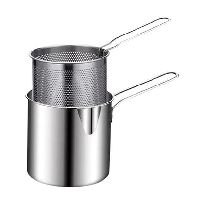 DAYANIDHI Small Deep Frying Pot with Basket 1200ml Stainless Steel Fryer Pot with Long Handle Mini deep Oil Fryer for French Fries/Shrimp/Fish/Chicken Wings/Boiling Butter/Sauce/Gravies/Pasta(1-Pcs)