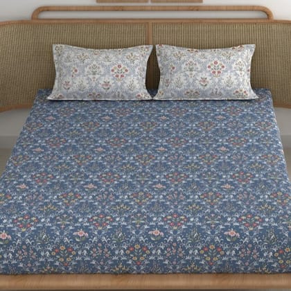 Indigo Garden Cotton Blend Elastic Fitted King Bedsheet-King