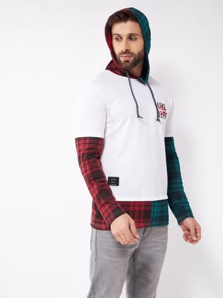 Gritstones Men White Hooded Colorblock Printed Cotton T-Shirt
