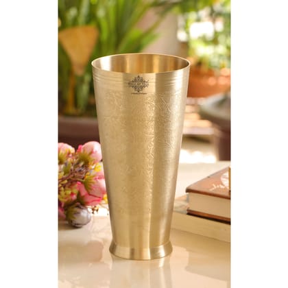 Indian Art Villa Embossed Flower Design Brass Lassi Glass Tumbler, Drinkware Home Restaurant, Gold-550ml / 1