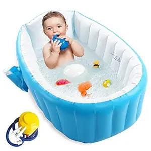 KATHIYAWADI Inflatable Baby Bath tub for Kids with Air Pump, Soft Cushion Central Seat, Foldable Shower Basin | Mini Air Swimming Pool for Kids | Baby Bath Tub for Baby Kids 6 to 36 Months