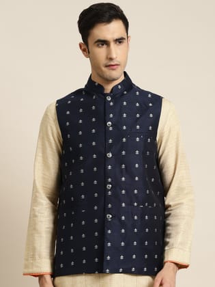 Men's Cotton Self Design Navy Blue Nehru Jacket-36